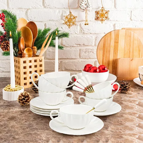 Miniatura 8 de Yesland Juego de 6 tazas y platillos de té real, juego de té de porcelana blanca de 6 onzas y tazas de café británicas, tazas de café con leche