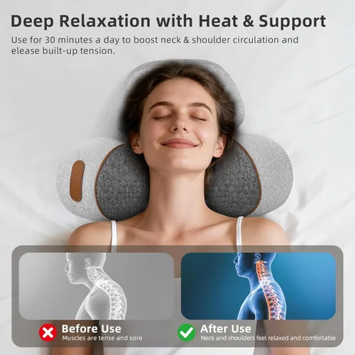 Miniatura 4 de Almohada masajeadora de cuello 3 en 1 con calor y tracción, dispositivo de tracción cervical de tejido profundo para corrector de joroba de cuello