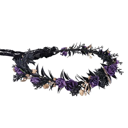 Miniatura 7 de MOSTORY Tocado de flores negras, corona floral de hada, corona de elfo oscuro, círculo de elfos para el Renacimiento, Halloween, gótico, boda