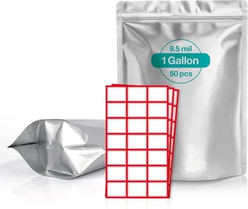 Miniatura 9 de 50 bolsas de Mylar de 1 galón con absorbentes de oxígeno (500 cc) – 9.5 mil – Bolsas de Mylar reforzadas de 1 galón resellables y termosellables