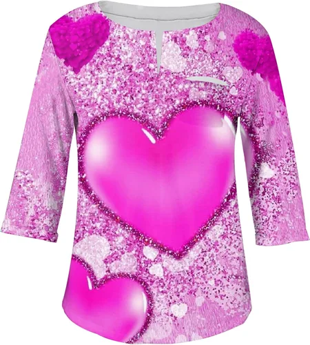 Miniatura 2 de FlekmanArt Womens Sweatshirt Valentine's Day Print V Neck Blouses Plus Size Long Sleeve Outfit Lightweight Pullover Tops
