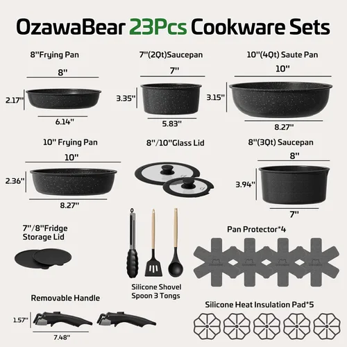 Miniatura 2 de Juego de 23 piezas de ollas y sartenes antiadherentes, juego de utensilios de cocina de cerámica no tóxicos con asas desmontables, utensilios