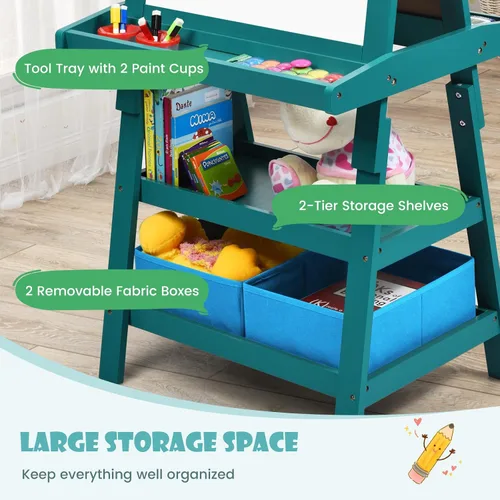 Miniatura 6 de Caballete de arte HONEY JOY para niños, caballete doble de 3 en 1 para niños pequeños de madera con pizarra blanca magnética y pizarra, rollo