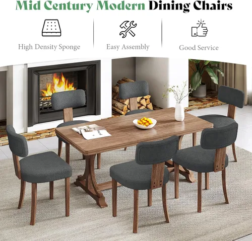 Miniatura 6 de AMERLIFE Juego de 2 sillas de cocina, sillas Boucle con respaldo y asiento curvados tapizados, marco de madera dura de estilo moderno, color gris