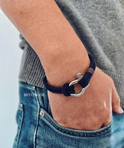 Miniatura 3 de Pulsera náutica de cuerda de algodón para hombre y mujer, con tornillo de acero y grilletes de ancla, dos filas