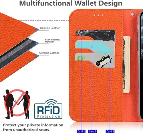 Miniatura 3 de iCoverCase Compatible con iPhone 11 Pro Max, funda magnética de piel auténtica con bloqueo RFID, correa para la muñeca y ranuras para tarjetas