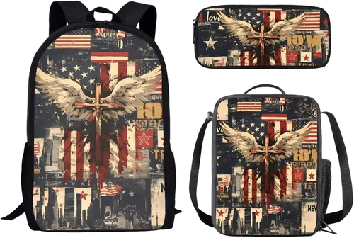 Miniatura 8 de Paquete de 3 bolsas escolares con estampado de bandera estadounidense para niños, mochila de gran capacidad para laptop, con cremallera, estuche