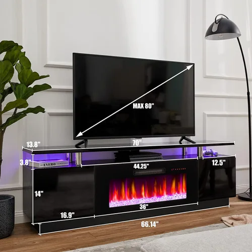 Miniatura 2 de AMERLIFE Soporte de TV con chimenea de 36 pulgadas, luces LED modernas para centro de entretenimiento de 70 pulgadas, armario de consola de TV de 2