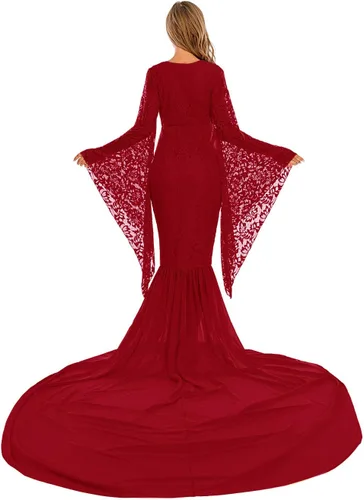 Miniatura 5 de ZIUMUDY Vestido de maternidad de encaje con cuello en V profundo para fotografía, sesión de fotos, manga acampanada con cola larga de gasa