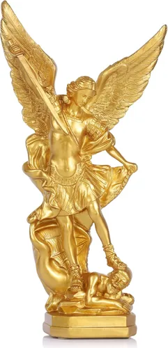 Estatua de San Miguel Arcángel de 31.8 cm en oro, estatua de San Miguel en resina, colección de figuritas del Arcángel Miguel vitoriosamente sobre