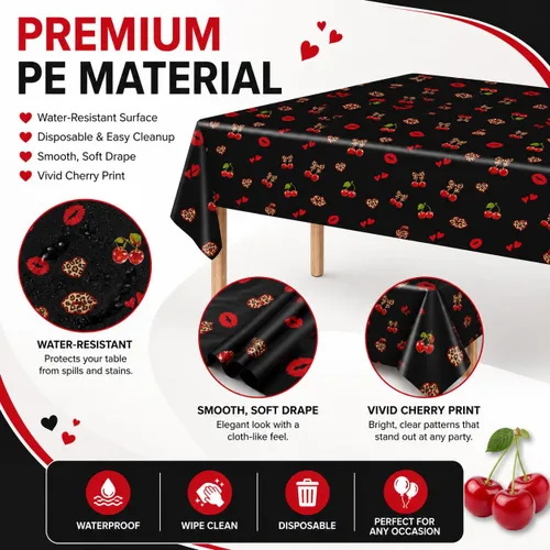 Miniatura 2 de 3 manteles de plástico desechables de 54 x 108 pulgadas, estampado de leopardo rojo y negro con labios rojos, manteles impermeables para cumpleaños