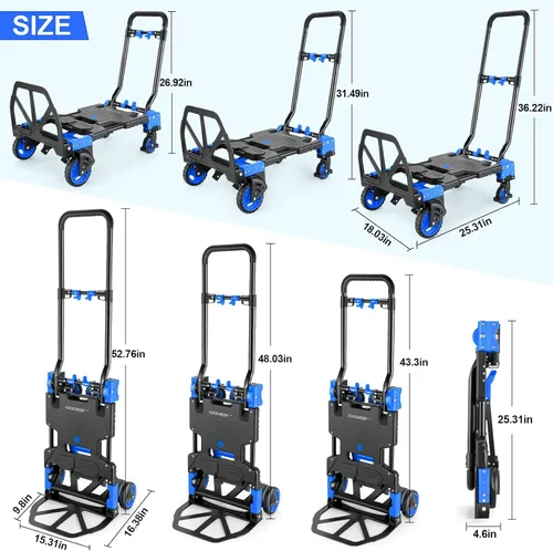 Miniatura 2 de Carro de mano plegable 2 en 1, carrito de mano plegable de 330 libras, carrito de mano plegable con mango retráctil y 4 ruedas de goma, carrito