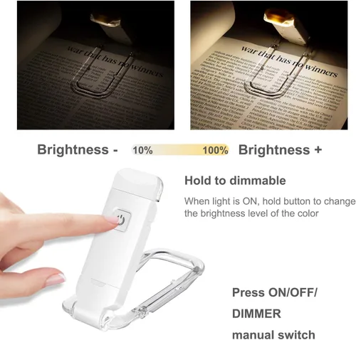 HONWELL Luz LED recargable con clip, 3 niveles de brillo regulables para protección ocular, lámpara de lectura portátil para ratones de biblioteca,