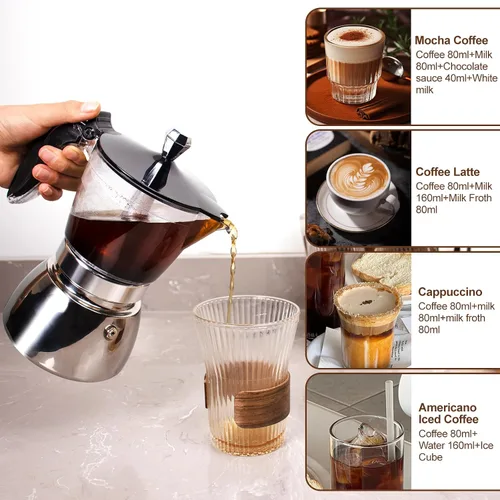 Miniatura 7 de Olla de plástico transparente de 6 tazas de acero inoxidable sin recubrimiento, cafetera italiana, cafetera moca greca, cafetera clásica