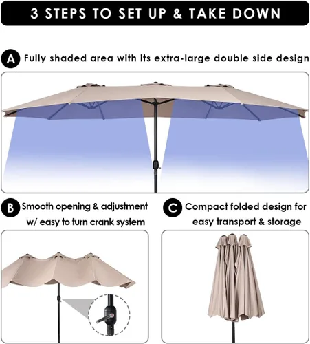 Miniatura 6 de Tangkula Sombrilla de patio de 15 pies de doble cara para mesa de mercado al aire libre con manivela (beige)