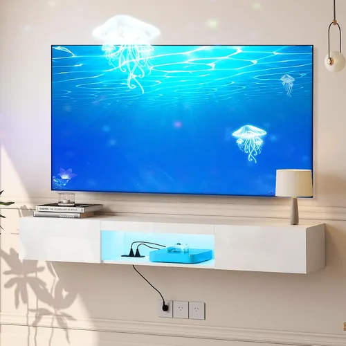 Miniatura 11 de Soporte flotante para TV montado en la pared con toma de corriente, moderno centro de entretenimiento flotante para TV de 70 pulgadas, estante