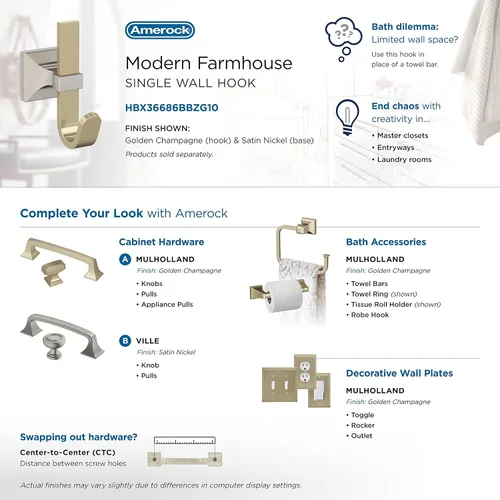 Miniatura 5 de Amerock HBX36686BBZG10 Burbank Gancho decorativo de pared de una sola punta Gancho de níquel satinado y champán dorado para abrigos, sombreros