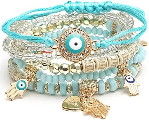 Miniatura 2 de Caiyao - Juego de 4 pulseras elásticas bohemias de cuentas, multicapa, de mal de ojo, Hamsa, pulsera de mano con dijes bohemios, elásticas