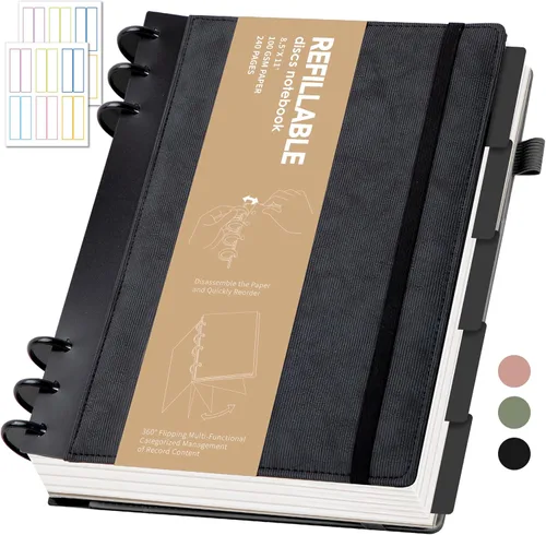 Miniatura 18 de Yoment - Cuaderno de diario de cuero para trabajo, recargable, 224 páginas, 100 GSM, papel grueso, cuaderno de 5 materias con separadores y pestañas