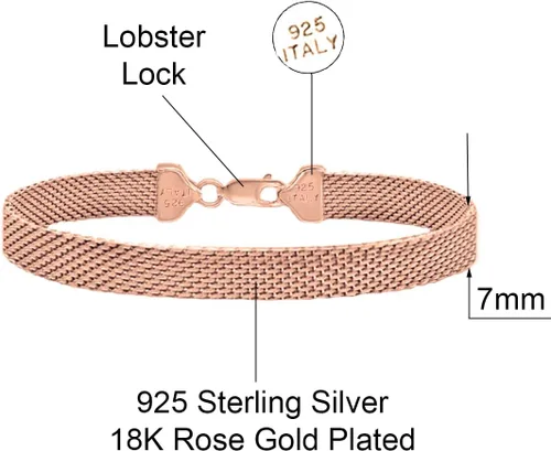 Miniatura 2 de Savlano Pulsera de plata de ley 925 de 0.276 in de malla plana Coreana, chapada en oro de 18 quilates, pulsera de malla de 7.5 pulgadas para mujer