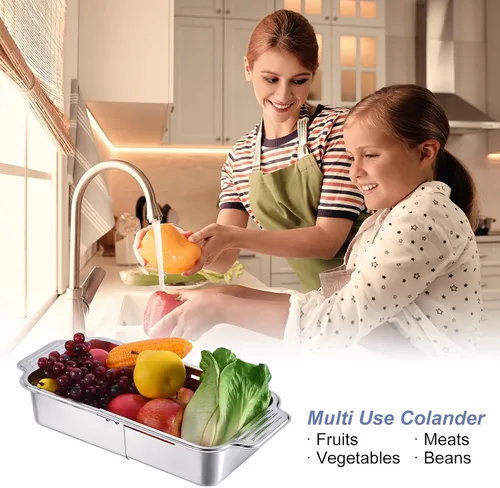 Miniatura 5 de uxcell Colador extensible sobre el fregadero, cesta de lavado de frutas y verduras colador ajustable para cocina de acero inoxidable plateado