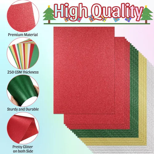 Miniatura 3 de Yeaqee 100 hojas de papel de cartulina con purpurina de Navidad, papel de regalo metálico de 8.5 x 11 pulgadas, cartulina pesada de 8.82 oz/m²