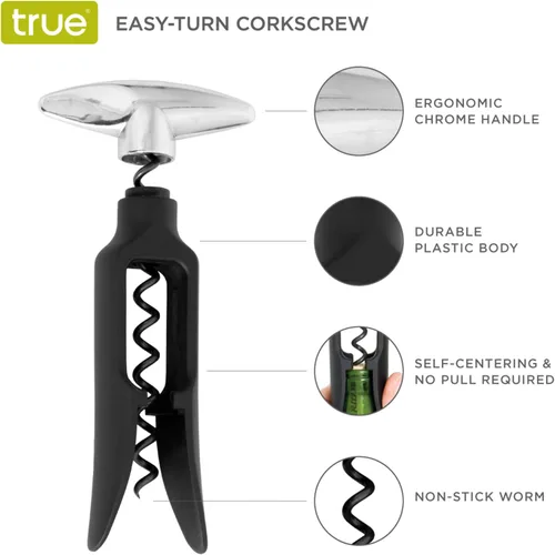 Miniatura 2 de True Sacacorchos autoestirable, plástico duradero con mango cromado fácil de girar, abridor de botellas de vino para camareros, herramientas de bar