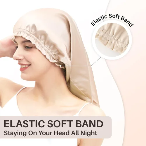 Miniatura 8 de Gorro largo 100% seda de morera para mujeres durmientes, gorro de seda de grado 6A con cabeza elástica, gorro de noche sedoso para trenzas de Beige