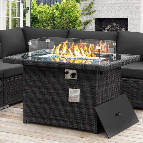 Miniatura 10 de NICESOUL Mesa de Hoguera de Mimbre para Exteriores de Gas Natural/Propano, Mesa de Hoguera Rectangular de 43'' para Exteriores, Mesas de Chimenea