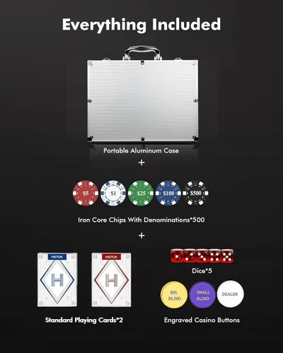 Miniatura 8 de HEITOK Juego de fichas de póquer numeradas de 500 piezas – Fichas de póquer pesadas de grado casino de 0.41 oz con estuche de aluminio, 2 cubiertas