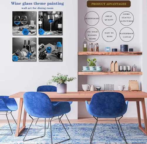 Miniatura 3 de Arte de pared de vino azul - Decoración de pared de cocina - Arte de pared moderno para sala de estar, obra de arte de rosa azul, 4 lienzos
