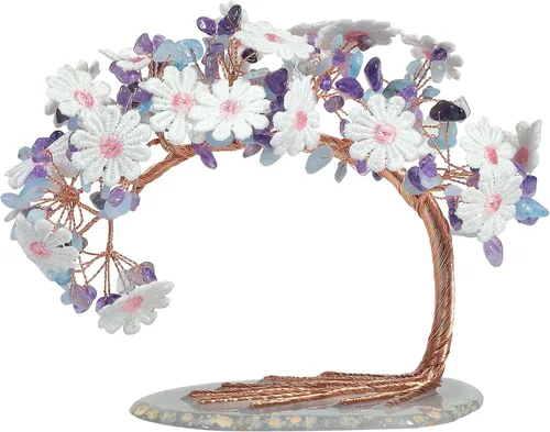 Miniatura 8 de mookaitedecor Árbol de cristal aguamarina natural con base de ágata, árbol de dinero floral de encaje bordado para decoración de escritorio