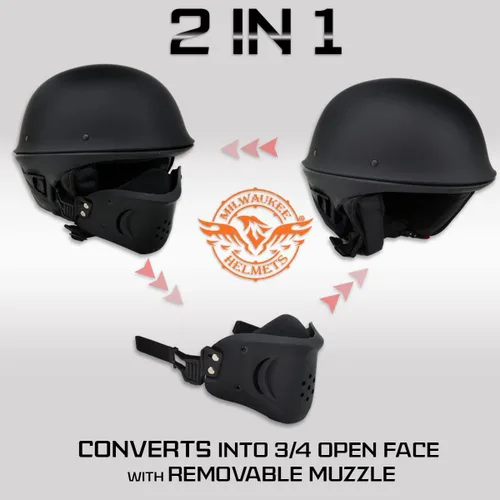 Miniatura 2 de Milwaukee Helmets MPH9831DOT Rascal - Casco de motocicleta 2 en 1 de cara abierta 3/4, negro brillante, para hombres y mujeres, talla S