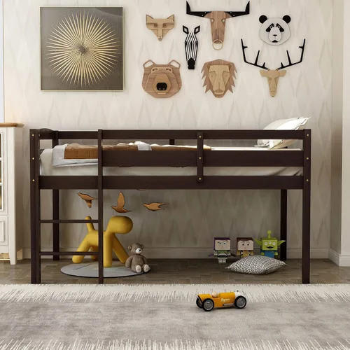 Merax Junior's - Cama baja tipo loft baja de madera maciza para niños, no necesita somier (espresso)