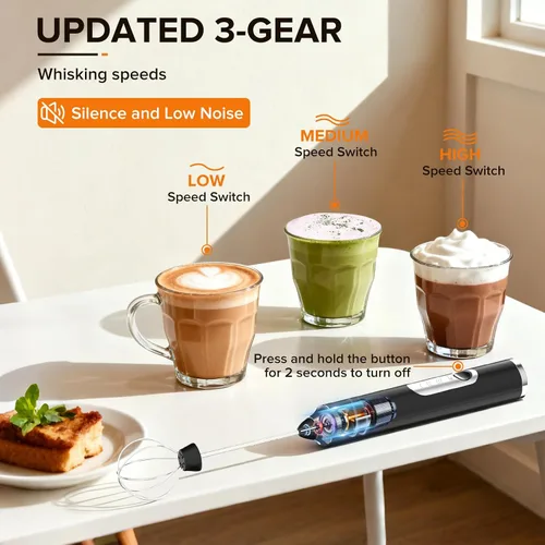 Miniatura 4 de Espumador de leche de mano, varita espumadora de 3 velocidades recargable, con 3 batidores desmontables, espumador de café para café, café