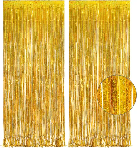 GREATRIL - Cortina telón de fondo laminado dorado, cortina con flecos de oropel para decoración de fiesta, cabina de fotos, telón de fondo para