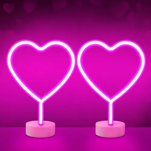 Miniatura 8 de BRIGHTDECK Decoraciones del Día de San Valentín, 2 paquetes de letreros de neón en forma de corazón, luces LED rosas, baterías incluidas