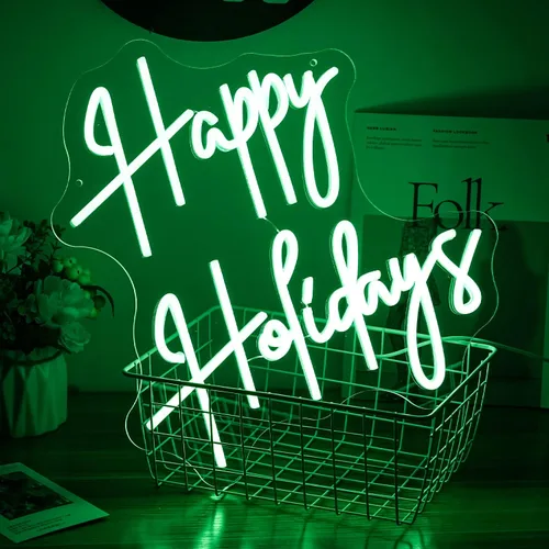 Miniatura 4 de Letrero de neón con texto en inglés "Happy Holidays", regulable, luz de neón LED verde, alimentada por USB, para dormitorio universitario