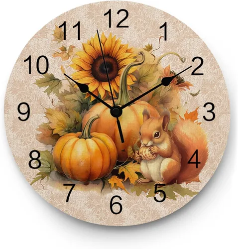 Reloj de pared silencioso de PVC de 10 pulgadas, redondo, con girasol, calabaza, otoño, Acción de Gracias, reloj colgante para cocina, sin tictac,