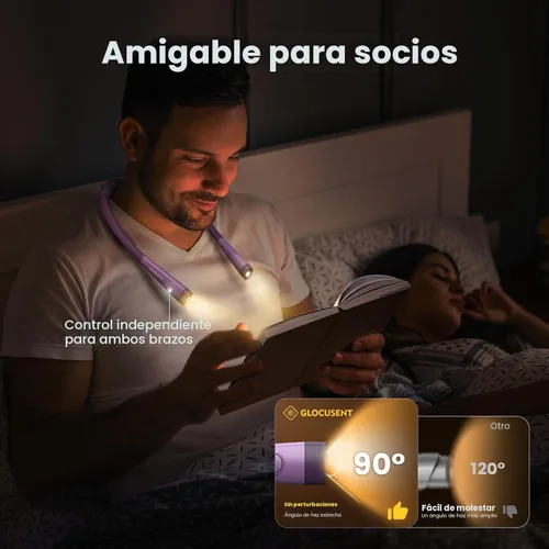Miniatura 6 de Glocusent Luz de Libro, Luz de Lectura de 3 Colores y 6 Niveles de Brillo, Luz de Cuello Flexible, Luz de Libro Recargable de 80 Horas de Duración