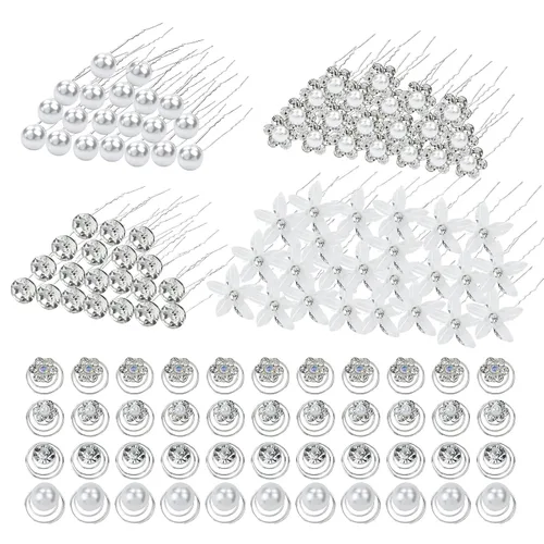 inSowni Paquete de 128 horquillas de pelo en forma de U con diamantes de imitación de flor de perlas plateadas y diamantes de imitación para novias,