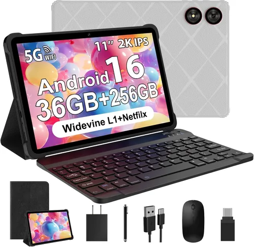 TOPWAH Tablet Android 16 de 11 pulgadas con teclado, 36 GB de RAM + 256 GB de ROM (expansión de 1 TB), tabletas de pantalla ISP 2K, 8000 mAh, T606