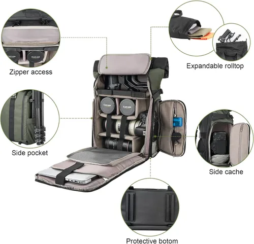 Miniatura 4 de Mochila impermeable para cámara Besnfoto, bolsa de fotografía con tapa enrollable para cámara DSLR SLR sin espejo con compartimento para laptop