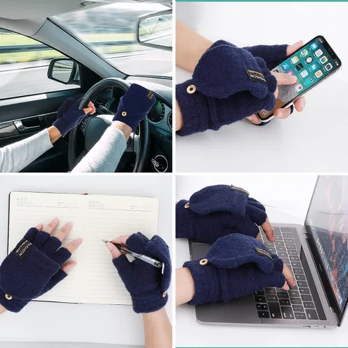 Miniatura 6 de THINP Guantes sin dedos para mujeres y hombres, guantes de invierno, guantes de lana cálida de punto sin dedos con tapa, guantes convertibles