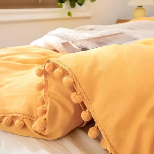 Miniatura 3 de INDACORIFY Juego de funda de edredón color amarillo mostaza con pompones, de algodón, estilo bohemio, 100 % algodón, lavado, tamaño Queen
