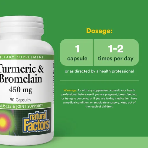 Miniatura 3 de Natural Factors, Cúrcuma y bromelina 450 mg, apoyo muscular y articular, 90 cápsulas