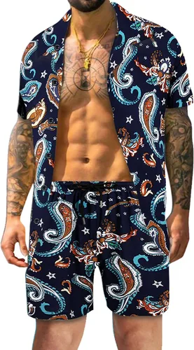 Atwfo Conjunto de camisa hawaiana y pantalón corto para hombre, conjunto de 2 piezas para vacaciones, casual, con botones, playa, trajes florales