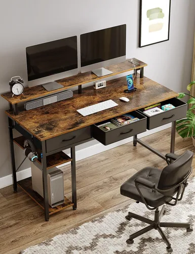 Miniatura 5 de Rolanstar Escritorio para computadora con tomas de corriente y luz LED, escritorio de oficina en casa de 47 pulgadas con 3 cajones y estantes