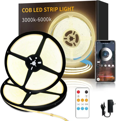 Miniatura 8 de Tira de luz LED COB de 32.8 pies, color blanco, regulable, CC de 24 V, 6000 K, cinta de luz LED flexible para dormitorio, con control remoto