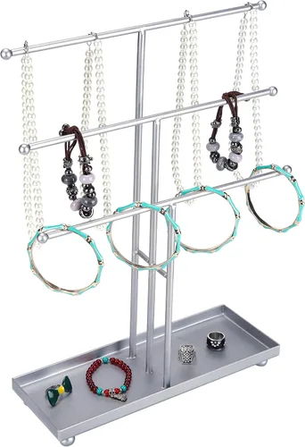 Exhibidor organizador moderno de joyas en forma de T con 3 estantes, de metal, organizador de pie con charola para anillos, color plateado